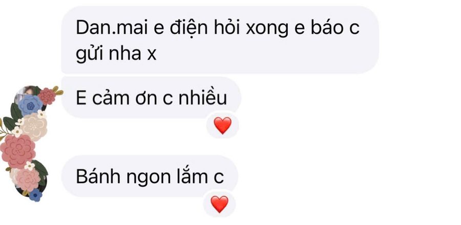 Khách gửi Zalo: “E cảm ơn c nhiều. Bánh ngon lắm c.”